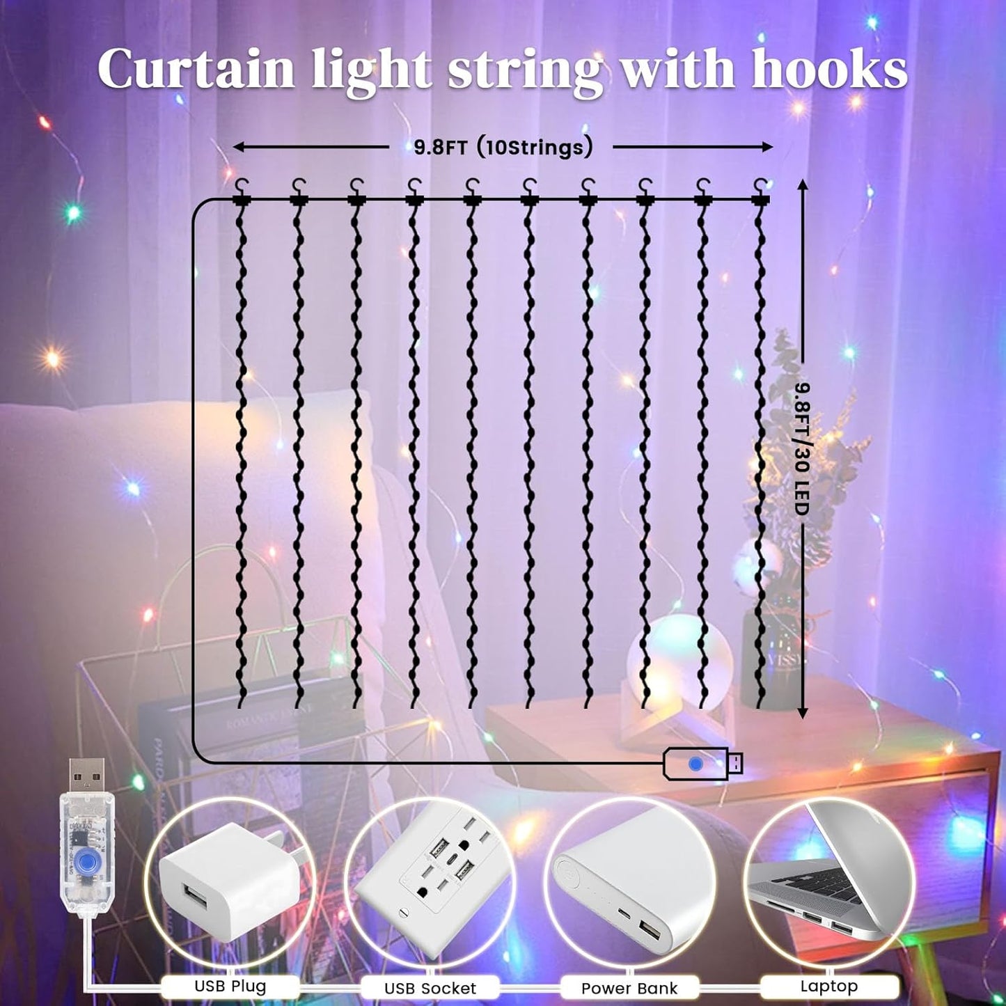 DomeStar 300 LED Fairy Curtain Lights, 9.8ft x 9.8ft Battery Operated with 8 Modes Remote Christmas Waterproof String Hanging Lights for Bedroom Patio Garden Party Wedding Wall Decor (Multicolor)