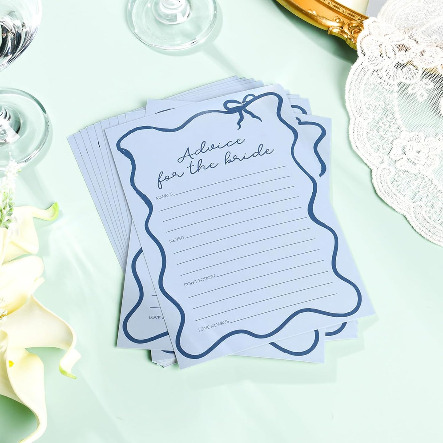 DEEKA 30 PCS Bridal Shower Games Card for 30 Guests Blue Wavy Border Ribbon Bow Funny Wedding Bachelorette Party Games for Reception (Advice for The Bride)
