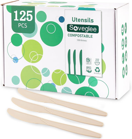 100% Compostable Knives 125 Count,Disposable Knives No Plastic Knives Heavy Duty Silverware, BPA-Free Cutlery Flatware Utensils Ecofriendly,Light Brown