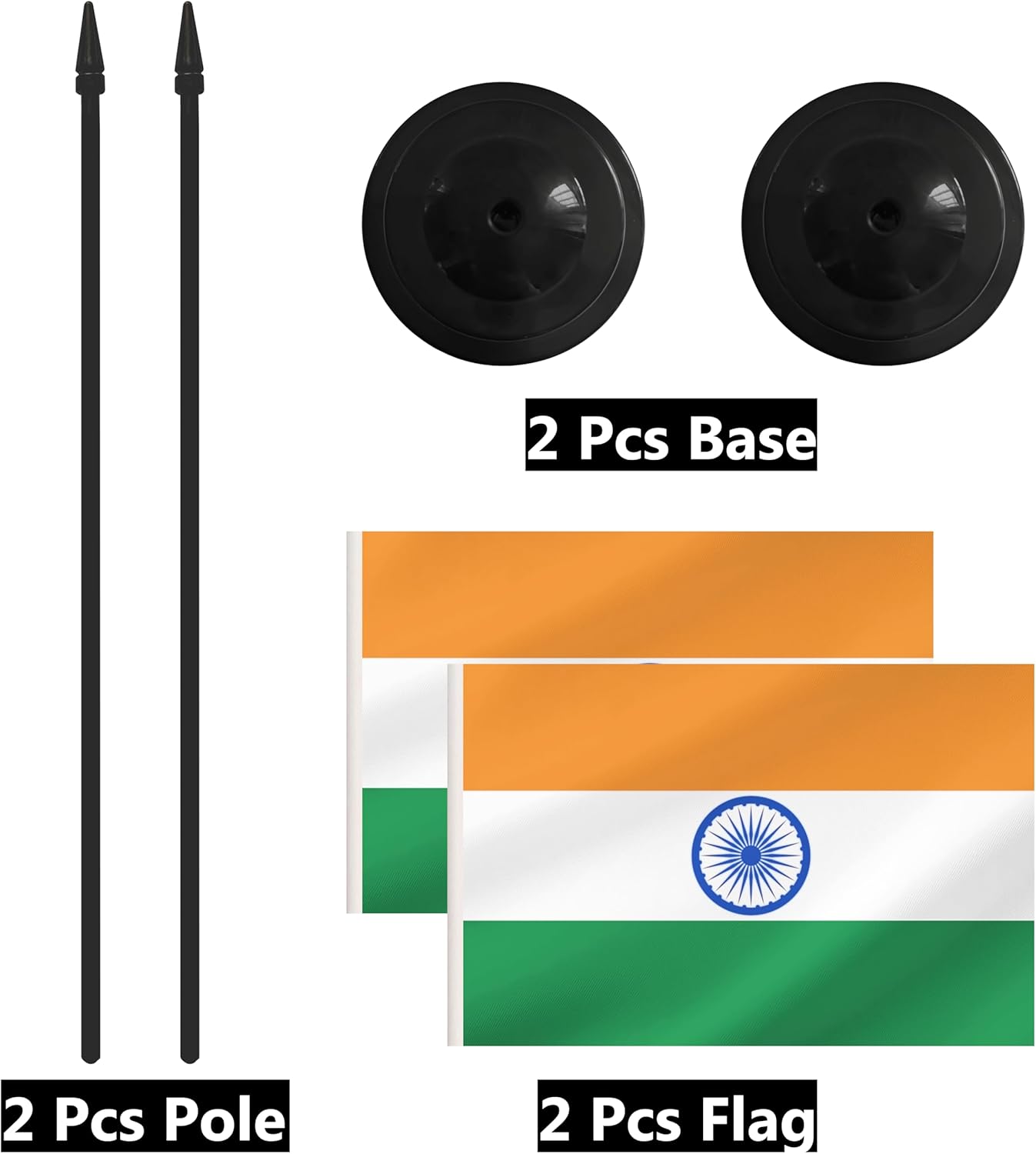 2 Pack India Desk Flag Set, Indian Desktop Small Miniature Table Office Flag with 12" Black Pole and Black Base, Offices, Classroom, Home, Festival Decoration (India)