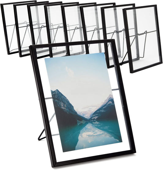 Juvale Wedding Floating Glass Picture Frames - 8-Pack, Black, 6.9" x 8.9", for 5" x 7" Photos - Hanging Picture Frames & Table Number Display - Double-Sided Glass & Easel Back