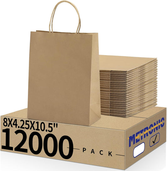 METRONIC Kraft Paper Gift Bags with Handles 8x4.75x10.5 Inch 12000 Pack | Christmas, Birthday Party Favors, Retail Shopping, Small Business Bulk | Brown Gift Wrap Bag