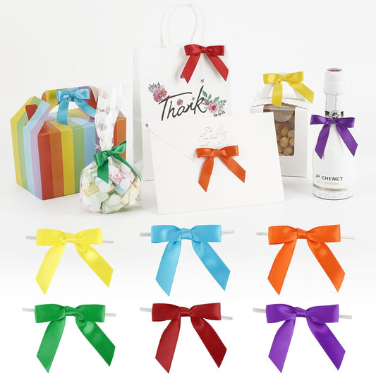 AIMUDI Rainbow Ribbon Bows 2.5" Satin Twist Tie Bows for Gift Wrapping Premade Satin Bows for Making Crafts Treat Bag Baby Shower Birthday Wedding LGBT Party Decoration, 60 PCs