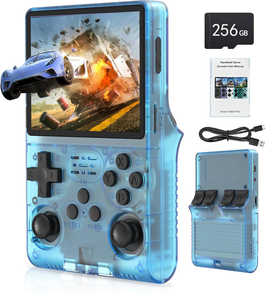 FVBADE [30000 in 1] R40S PRO Handheld Game Console 3.5 inch IPS Screen Mini Retro Console 3800mAh Portable Pocket Arcade 12+ Mainstream Emulator 256G TF Card Transparent(Blue)