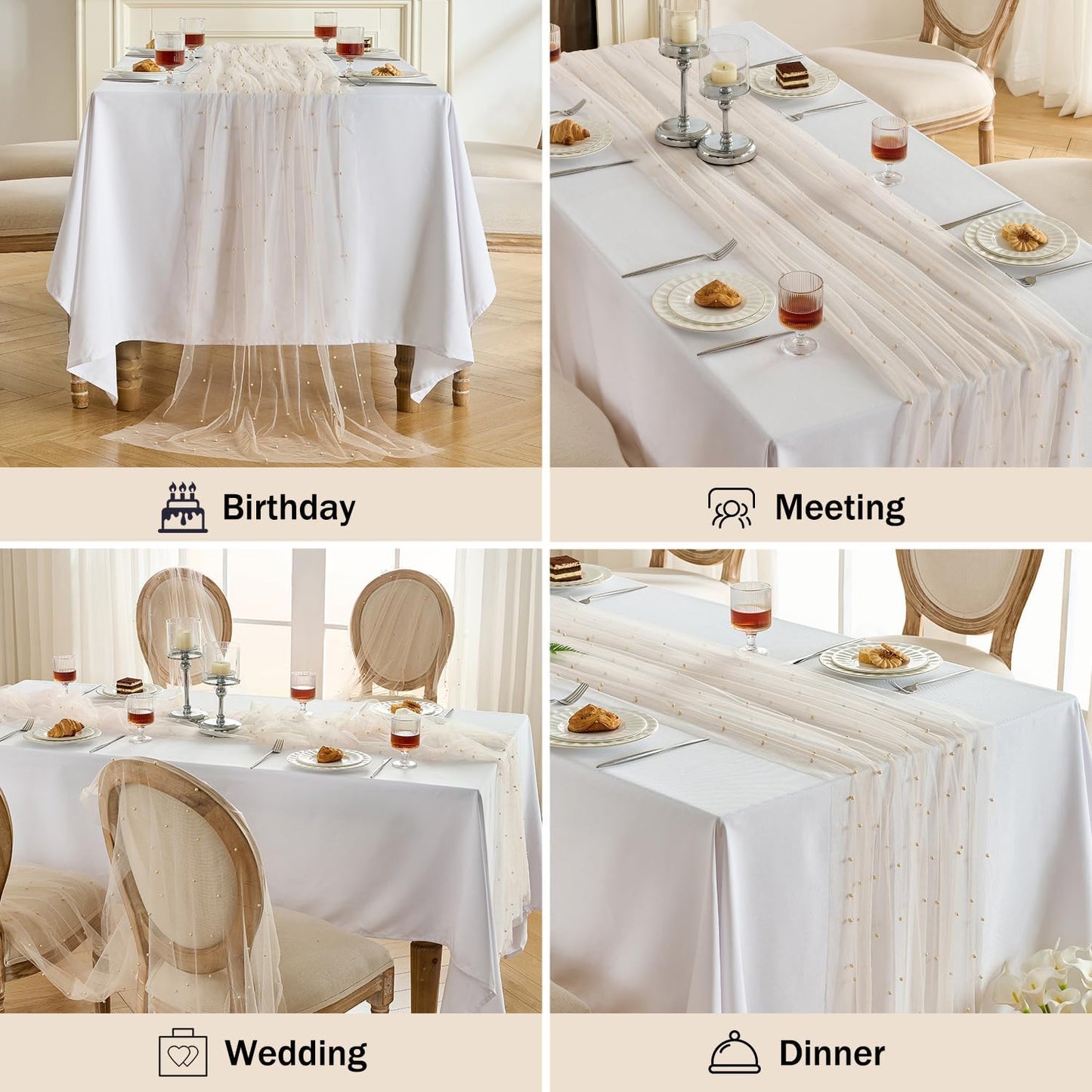 Fanami 3 Pack Pearl Table Runner -10FT Champagne Gold Boho Tulle Table Runners 120 Inches Long Rustic Sheer Lace Fabric Centerpieces for Wedding Arch Birthday Party Bridal Veil Baby Shower Decorations