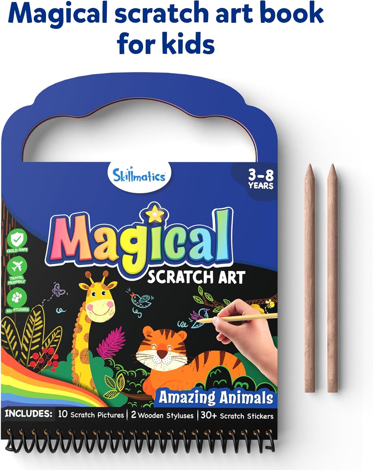 Skillmatics Scratch Art Book for Kids - Animals, Craft Kits & Supplies, 30+ Scratch Stickers, Travel Toys, DIY Kit, Gifts for Boys & Girls Ages 3, 4, 5, 6, 7, 8