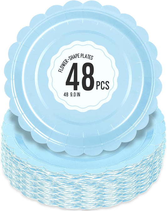 48 Pcs Light Blue Paper Plates 9 Inch Scalloped Dessert Plates - Disposable Light Blue Cake Plate - Baby Shower Birthday Party Wedding Bridal Party Supplies