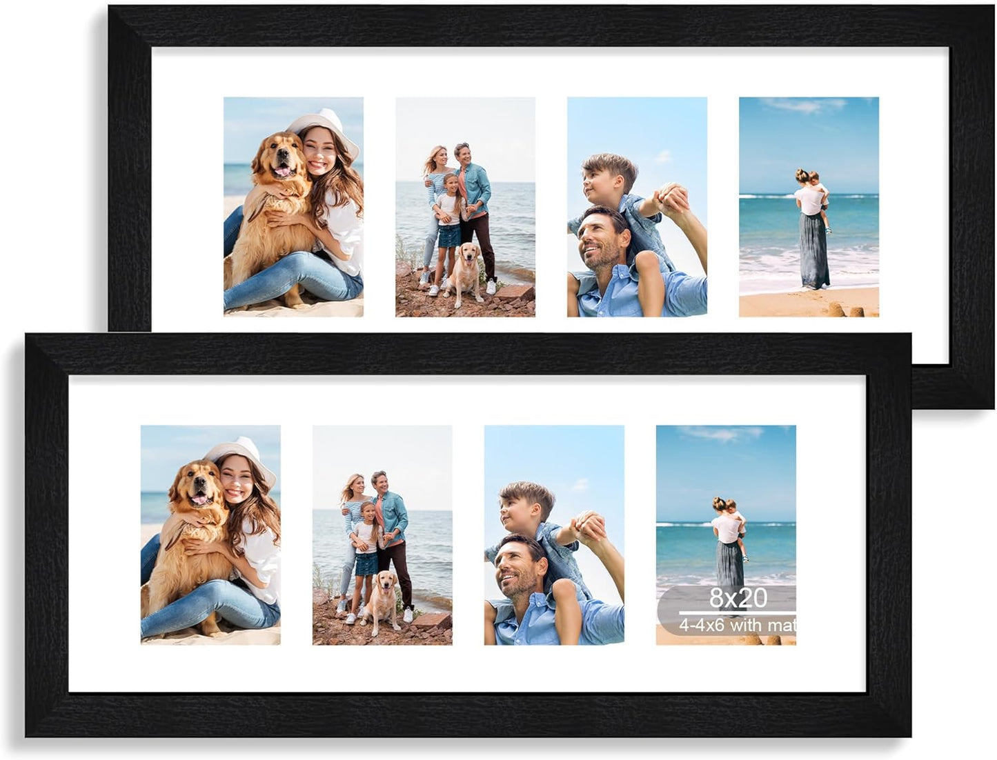 8x20 Picture Frame Set of 2, Rustic Black Wood Frame with Tempered Glass Collage Frame, Display Pictures Four 4x6 With Mat or 8 x 20 Without Mat - Horizontal or Vertical Wall Mounting