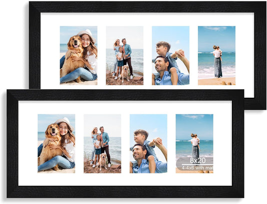8x20 Picture Frame Set of 2, Rustic Black Wood Frame with Tempered Glass Collage Frame, Display Pictures Four 4x6 With Mat or 8 x 20 Without Mat - Horizontal or Vertical Wall Mounting