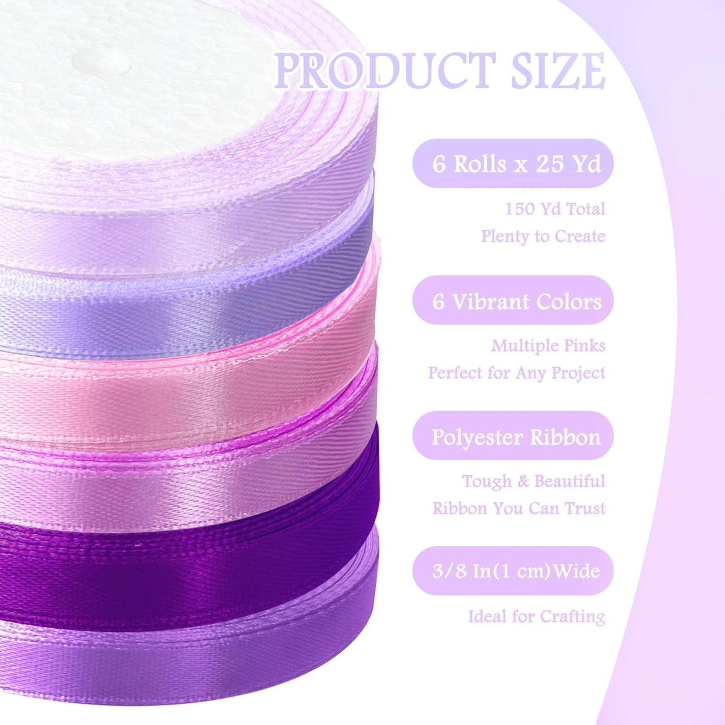 3/8" 6 Colors X 25 Yards Purple Satin Ribbon,150 Yards Assorted Colors Satin Ribbons for Flower Bouquet,Ribbons for Gift Wrapping Happy Birthday Party Decorations