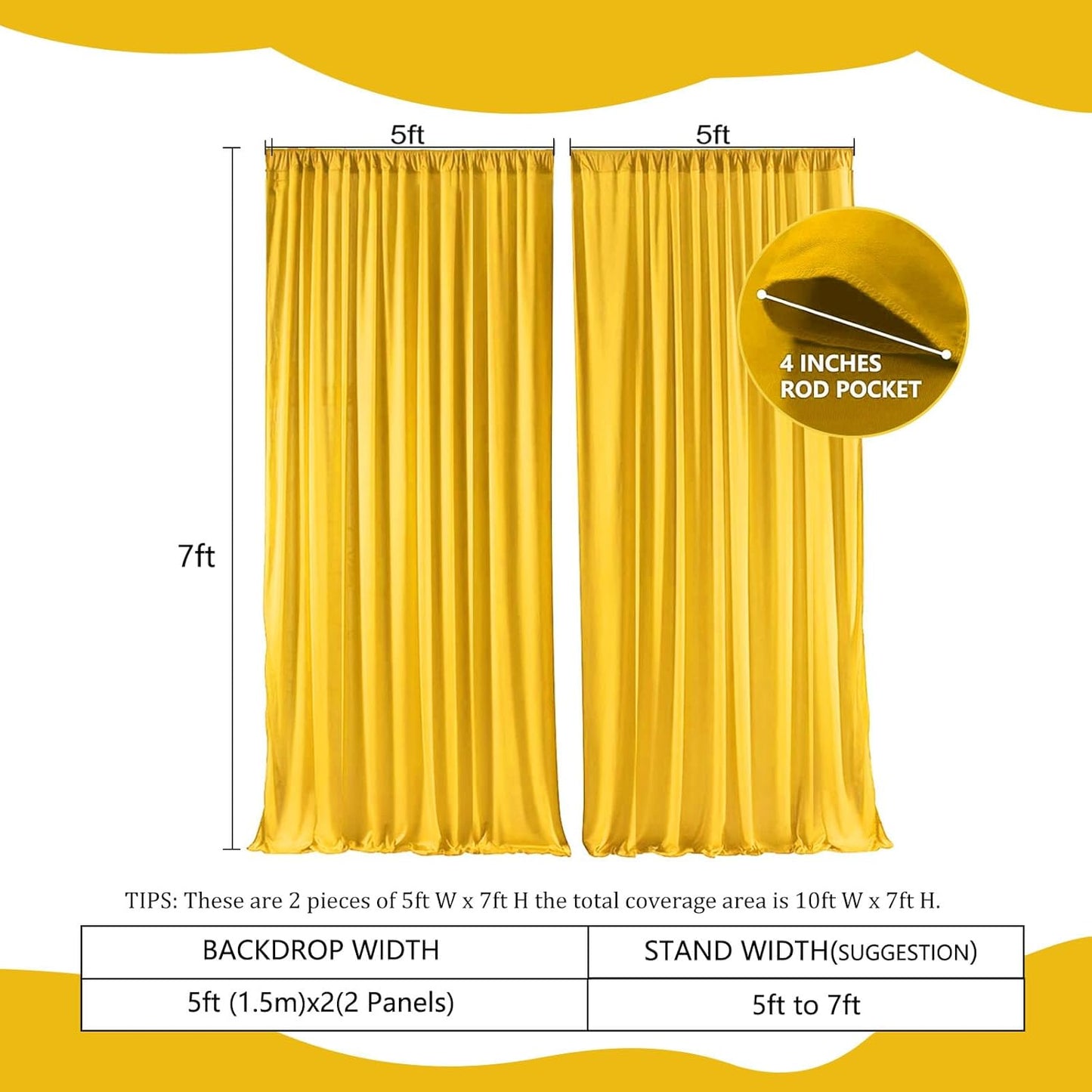 2 Panels Yellow Backdrop Curtain, 10 x 7 Feet Background Curtains for Parties, Weddings, Baby Showers, Bachelorette Halloween, Christmas Birthday Party Photoshoot Backdrop Curtains Decorations