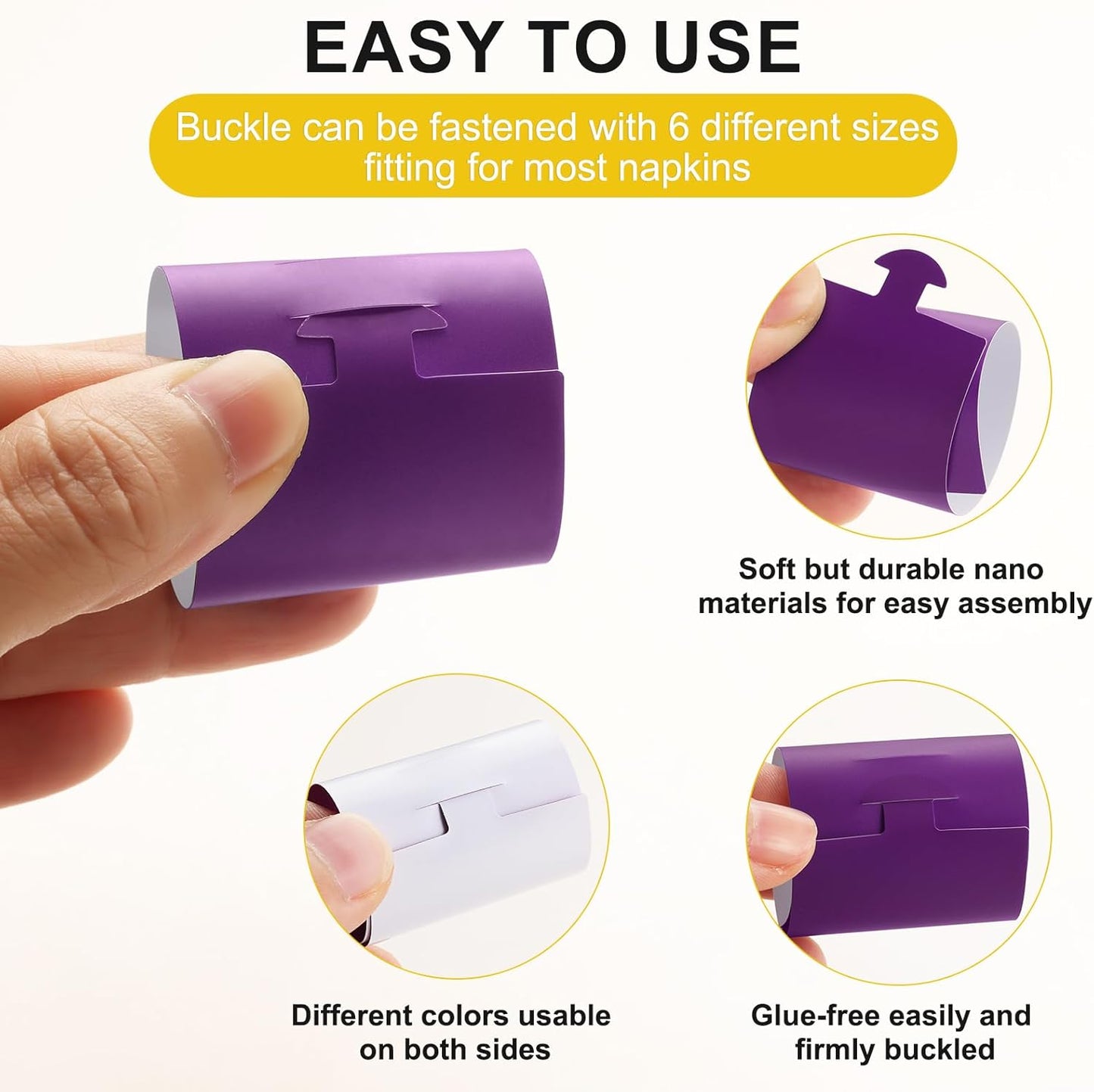 Polymer Material Reusable Napkin Band, Glue-Free Tear-Proof Water Resistant Oil-Proof Napkin Bands Set of 100(Front Purple Color and Back White), 6 Adjustable Sizes Napkin Rings