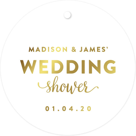 Andaz Press Personalized Round Circle Wedding Gift Tags, Metallic Gold Ink, Wedding Shower, 24-Pack, Custom Made Any Name