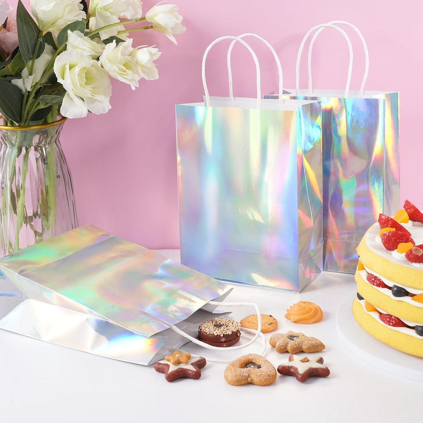 24 Pcs Iridescent Gift Bags Decorations, Holographic Foil Party Favor Bags with Handles, Glitter Paper Candy Goodie Bag with 24 Tissue Paper for Graduation Birthday Baby Shower Party Supplies
