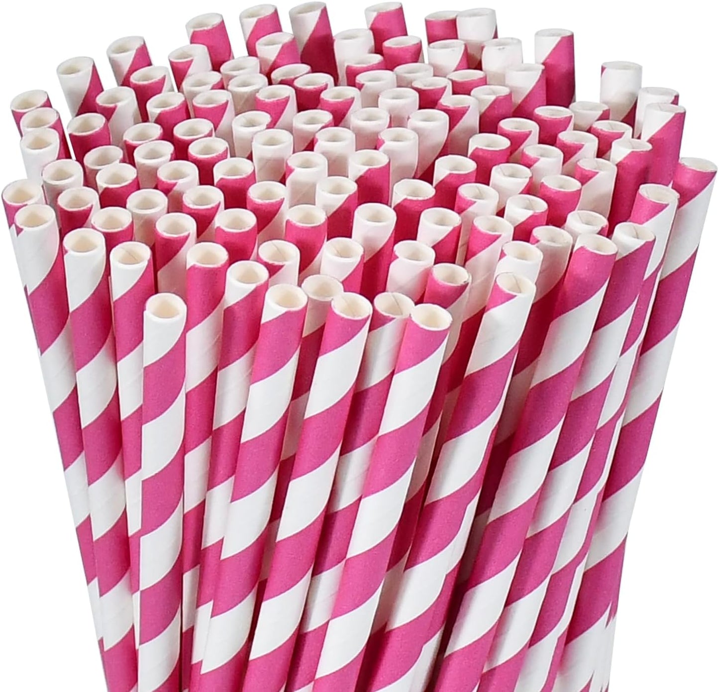 7.75 inch Hot Pink Striped Paper Straws for Drinking - Unwrapped, 100 Counts - for Party, Wedding, Cocktail, Beverage