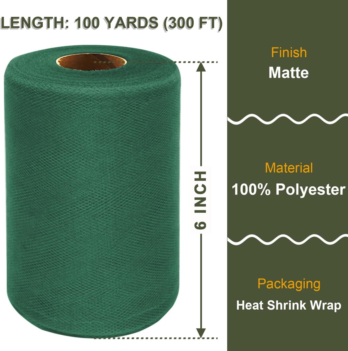 Hunter Green Tulle Fabric Roll 6 Inch X 300 FT (100 Yards) Matte Tulle Ribbon Netting Mesh Spool for DIY Tutu Skirt Wedding Bow Gift Wrapping Baby Shower Christmas Party Halloween Decorations