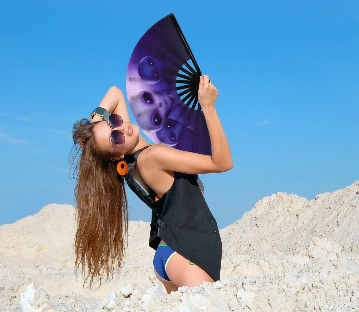 Amajiji Large Folding Hand Rave Fan Popping Fan for Line Dancing Clacking Fans for Boots On The Ground Dance,Party,Decoration,Festival (Three aliens)