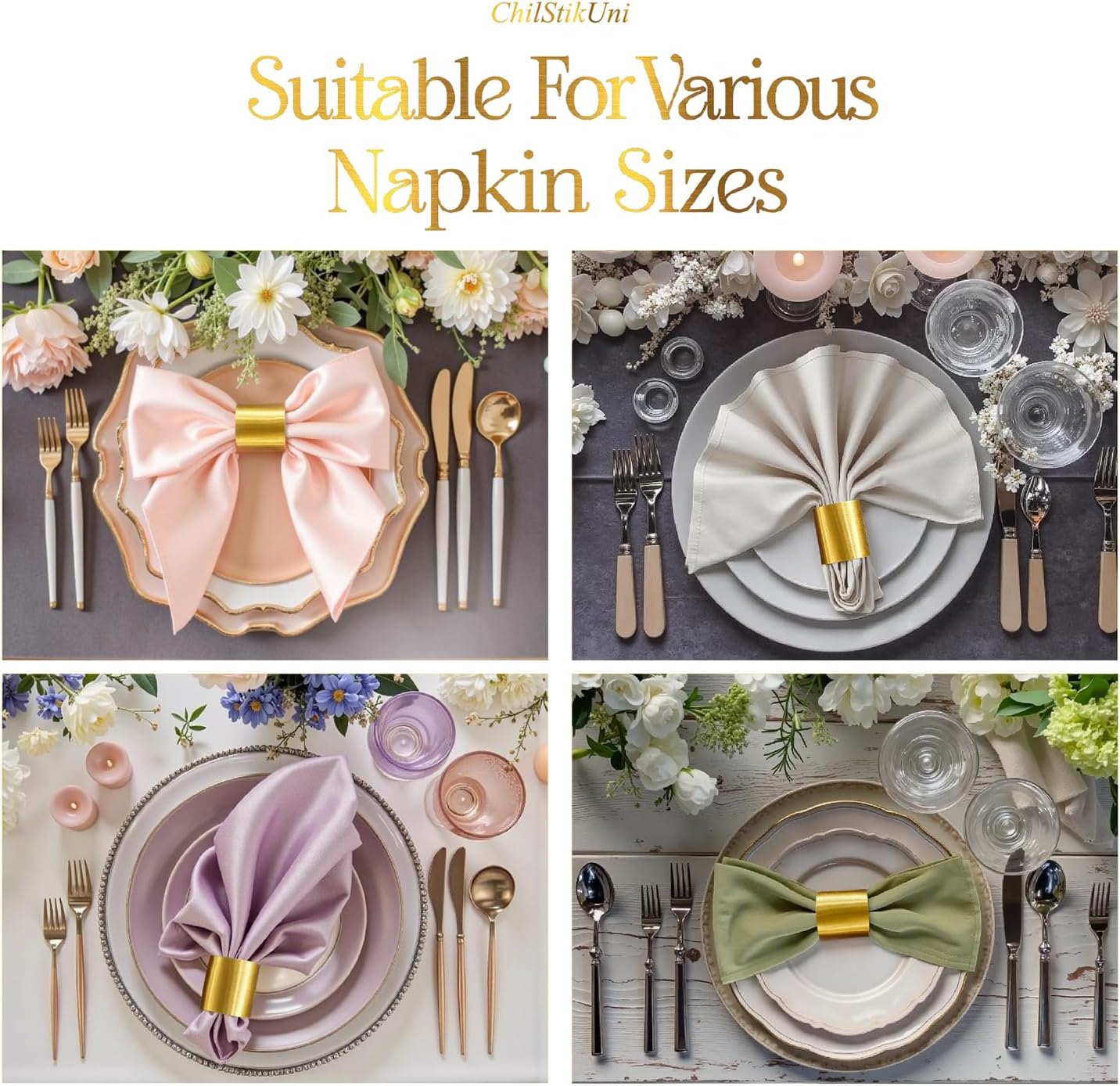 Polymer Material Reusable Napkin Band, Glue-Free Tear-Proof Water Resistant Oil-Proof Napkin Bands Set of 200(Front Brushed Gold Color and Back Silver), 6 Adjustable Sizes Napkin Rings