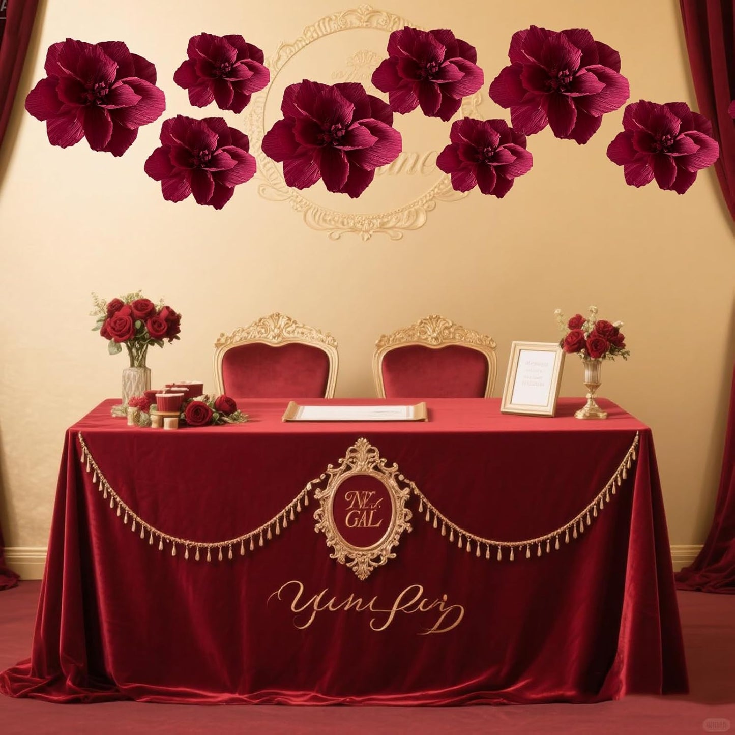 BRT Bearingshui Crepe Paper Flowers Decoration for Wall Total 9 Pcs, Artificial Flowers for Wedding Decor,Flower Backdrop Decor, Baby Bridal Shower Birthday Party, Burgundy 3D Wall Flowers Decor