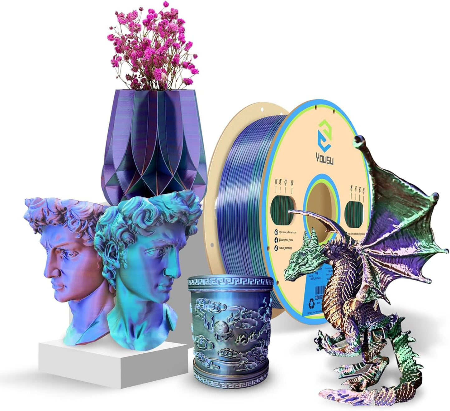 YOUSU 3D Printer Filament 1.75mm,Tri-Colors PLA Filament,Shiny Silk Coextruded PLA, Silk Green Purple Copper Filament, 1kg/2.2lbs