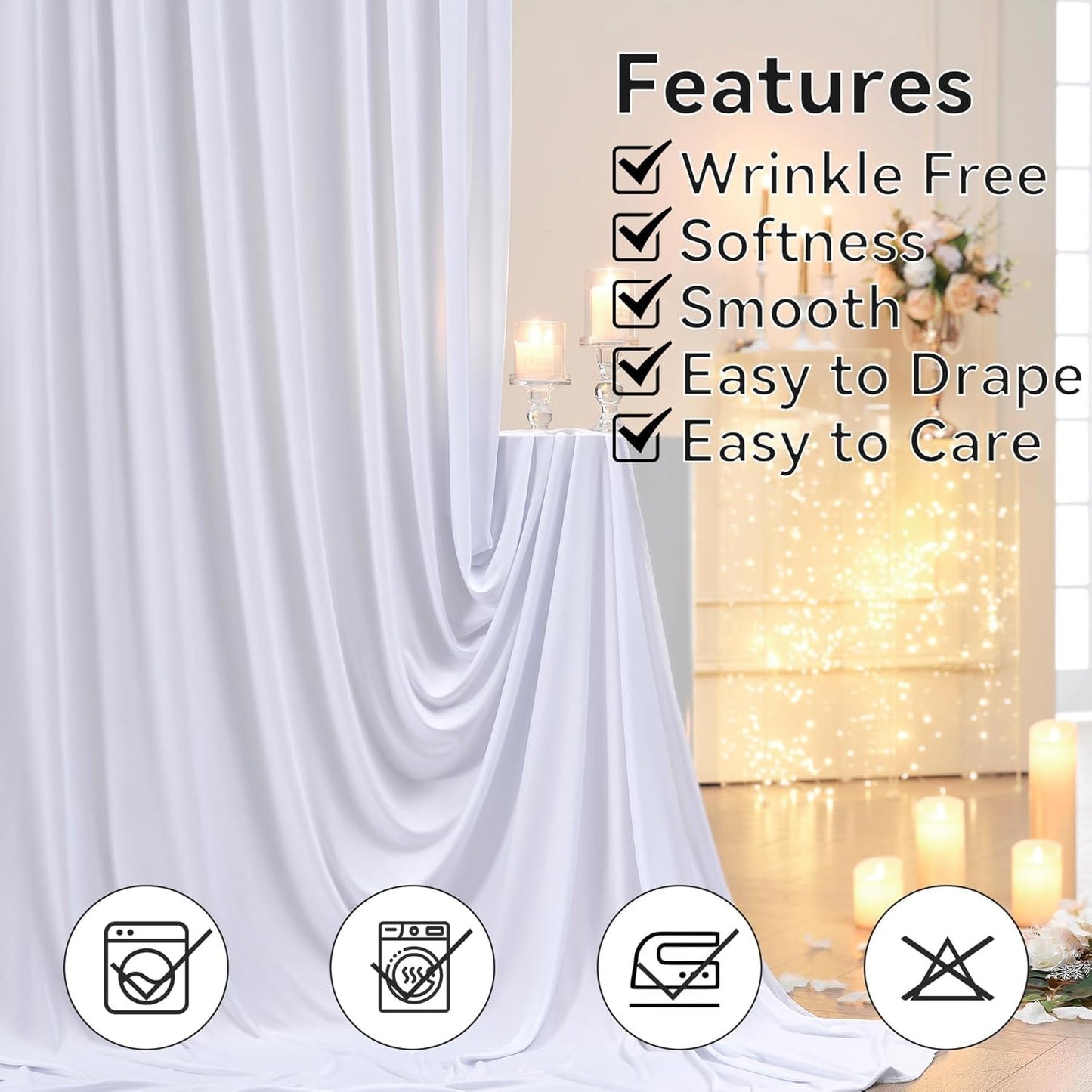 50×14 ft White Wrinkle Free Backdrop Curtain for Wedding Parties, 10 Panels 5×14ft Height Soft Silky Polyester Backdrop Drapes White Photo Back Drop Curtains for Birthday Photography Background Cloth