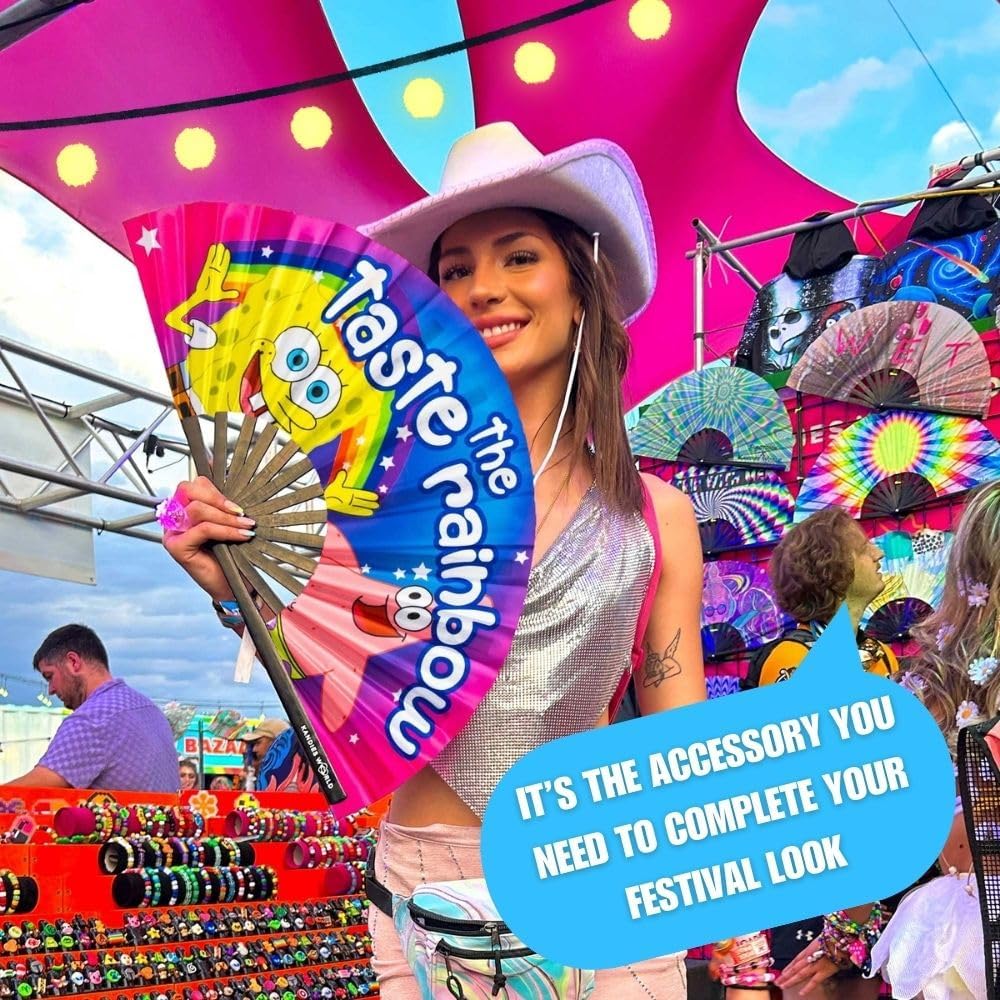 Kandies World UV Reactive Custom Festival Folding Hand Fan - Unique Designs, Made of Bamboo, Clacking Sound, Lightweight - Perfect Rave and Festival Accessory!