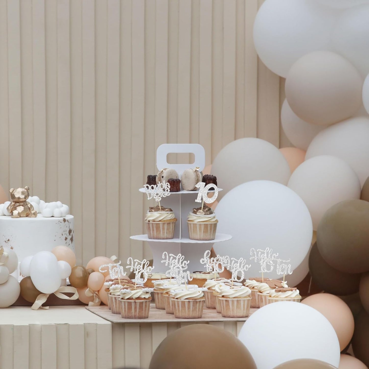 30Pcs 10th Birthday Cupcake Toppers Ten Double Hello 10 Cupcake Picks Cheers to 10 Years Old Cake Decorations for 10th Birthday Party Supplies Silver Glitter