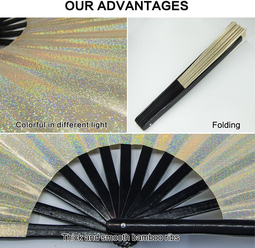 Large Rave Fan, Clack Folding Hand Fan with Premium Fabric, Thick Bamboo Frame for Men Women Gift for EDM, Festival, Club, Party, Dance, Decoration (Lridescent Beige, 13")