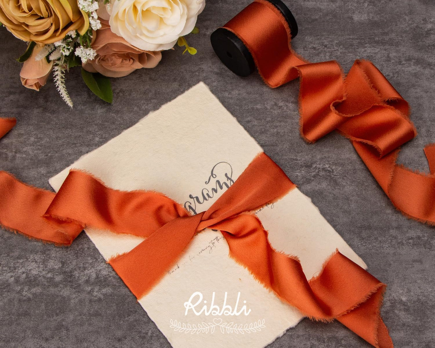 Ribbli Terracotta Silk Satin Ribbon - 1.5 Inch x 12 Yard Handmade Frayed Chiffon Burnt Orange for Gift Wrapping, Wedding Invitations, Bridal Bouquets & Home Decor