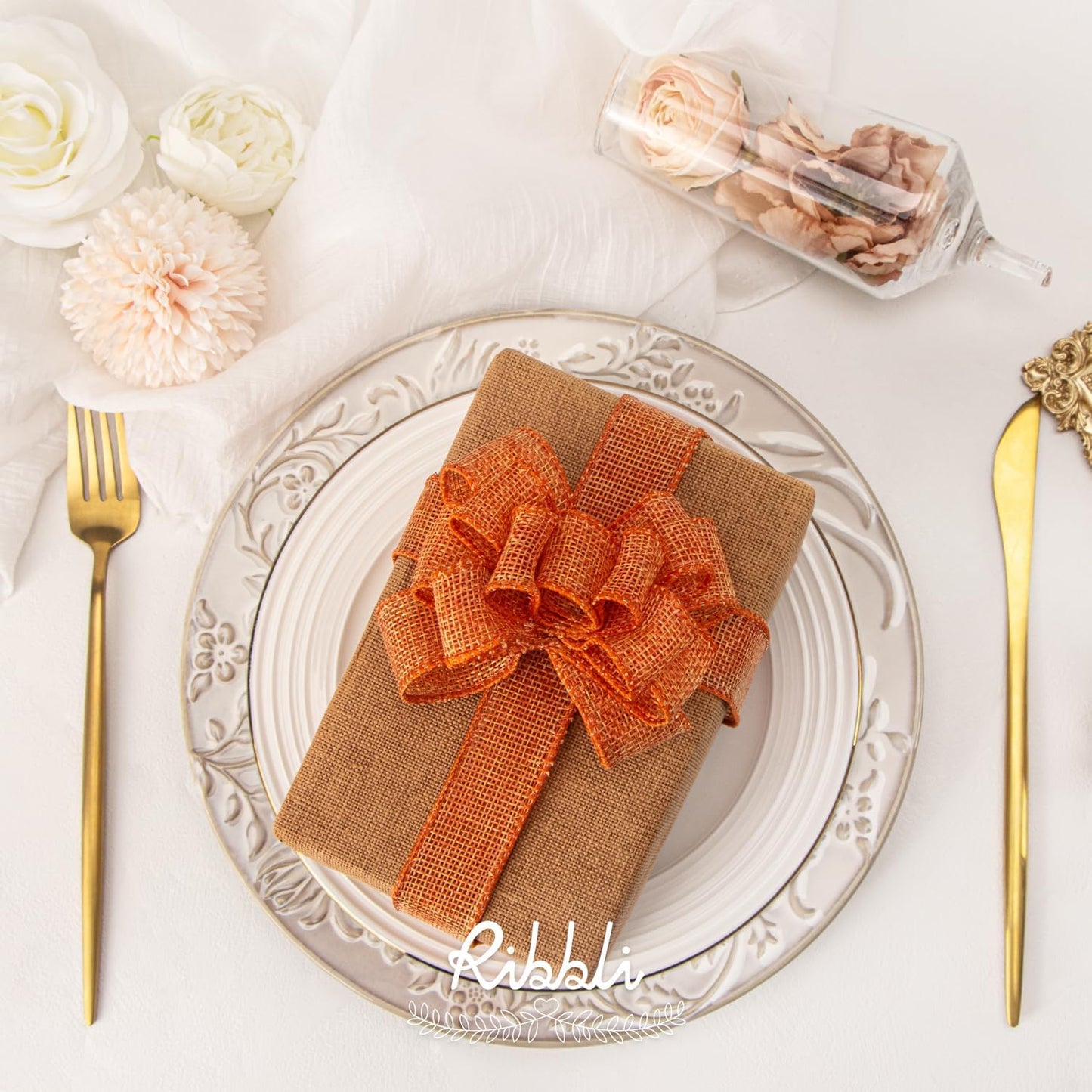 Ribbli Orange Burlap Wired Ribbon, 1” Inch x Continuous 20 Yard, Orange Wired Ribbon for Wreaths,Big Bows,Tree Decoration,Outdoor Decoration