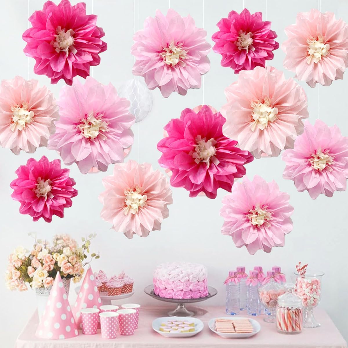 12pcs 8in 10in Paper Flowers Tissue Flowers Pom Paper Pom Poms Hanging Flowers Floral Backdrop Wedding Party Flower Decorations DIY Art Craft Blooms for Birthday Baby Shower Nursery Decor Pink
