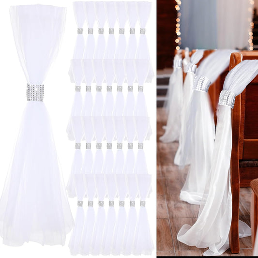 24 Set Wedding Aisle Chair Decorations 31.5 Inch Pew Bows with Long Tulle Tails and Rhinestone wrap for Wedding Ceremony Church Bridal Shower Banquet Decor (Silver)