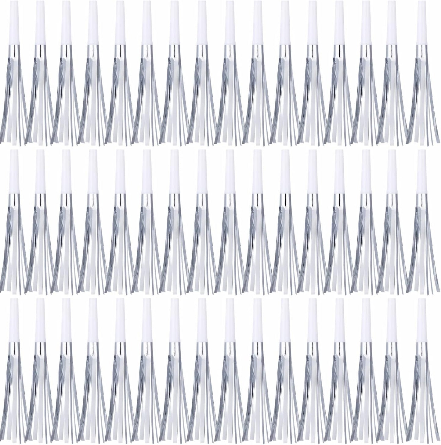 48 Pcs Silver Noise Makers Glitter Metallic Fringed Noise Makers Horns for Baby Shower, Kids Birthday, New Year Party Favor - Silver