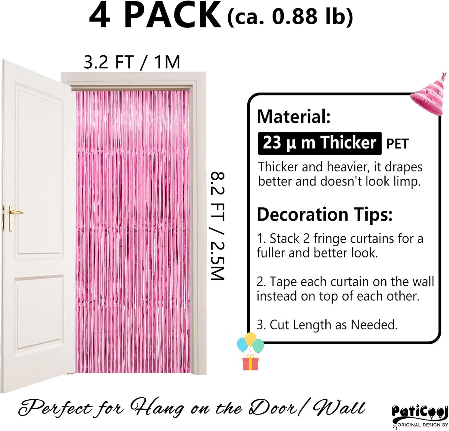 Pink Streamers - Thicken 4 Pack 3.2 x 8.2 FT - Pink Tinsel Foil Fringe Curtains, Photo Booth Props Backdrops for Birthday, Bachelorette, Graduation, Baby Shower Party Decorations