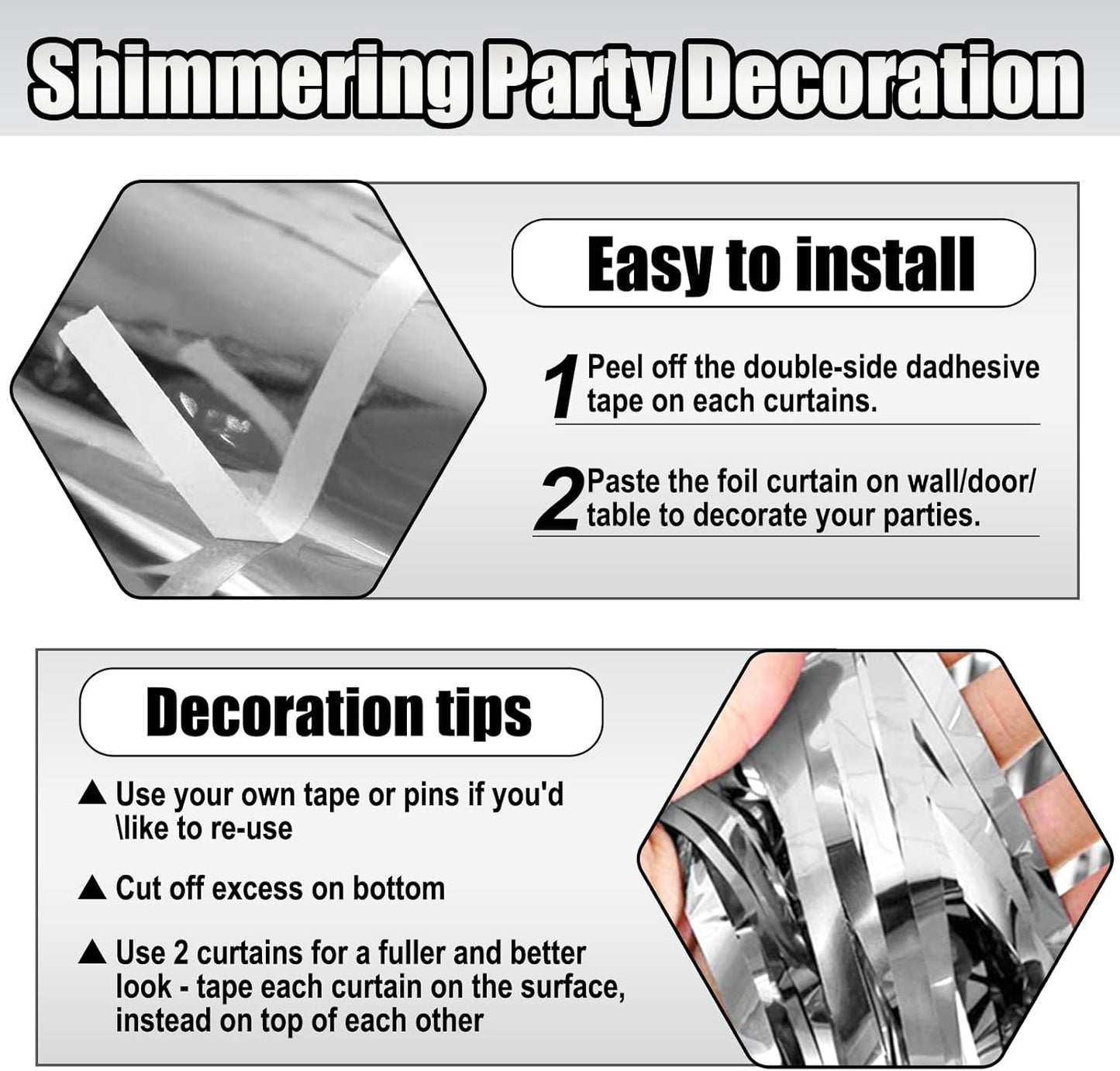 3 Pack Silver Foil Fringe Curtain Backdrop, 3.28Ft x 8.2Ft Metallic Tinsel Foil Fringe Streamer Curtains for Photo Booth, Christmas Day, Thanksgiving, Wedding, New Year Party Decorations