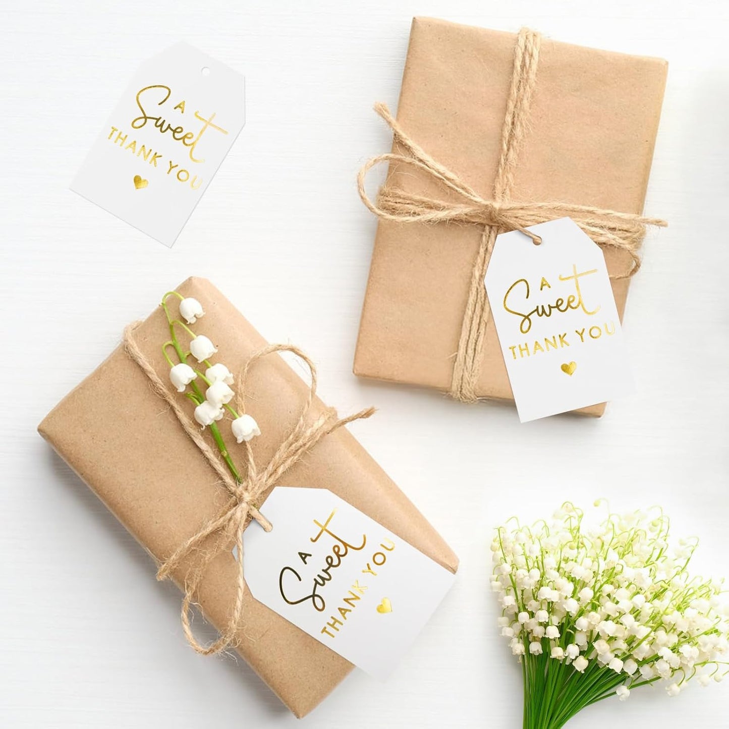 A Sweet Thank You Tags, joycraft 50Pcs Gold Thank You Gift Tags with String, 3x2 in White Kraft Paper Gift Tags, Sweet Thank You Tags for Wedding, Baby Shower, Birthday, Anniversary, Gift Wrap