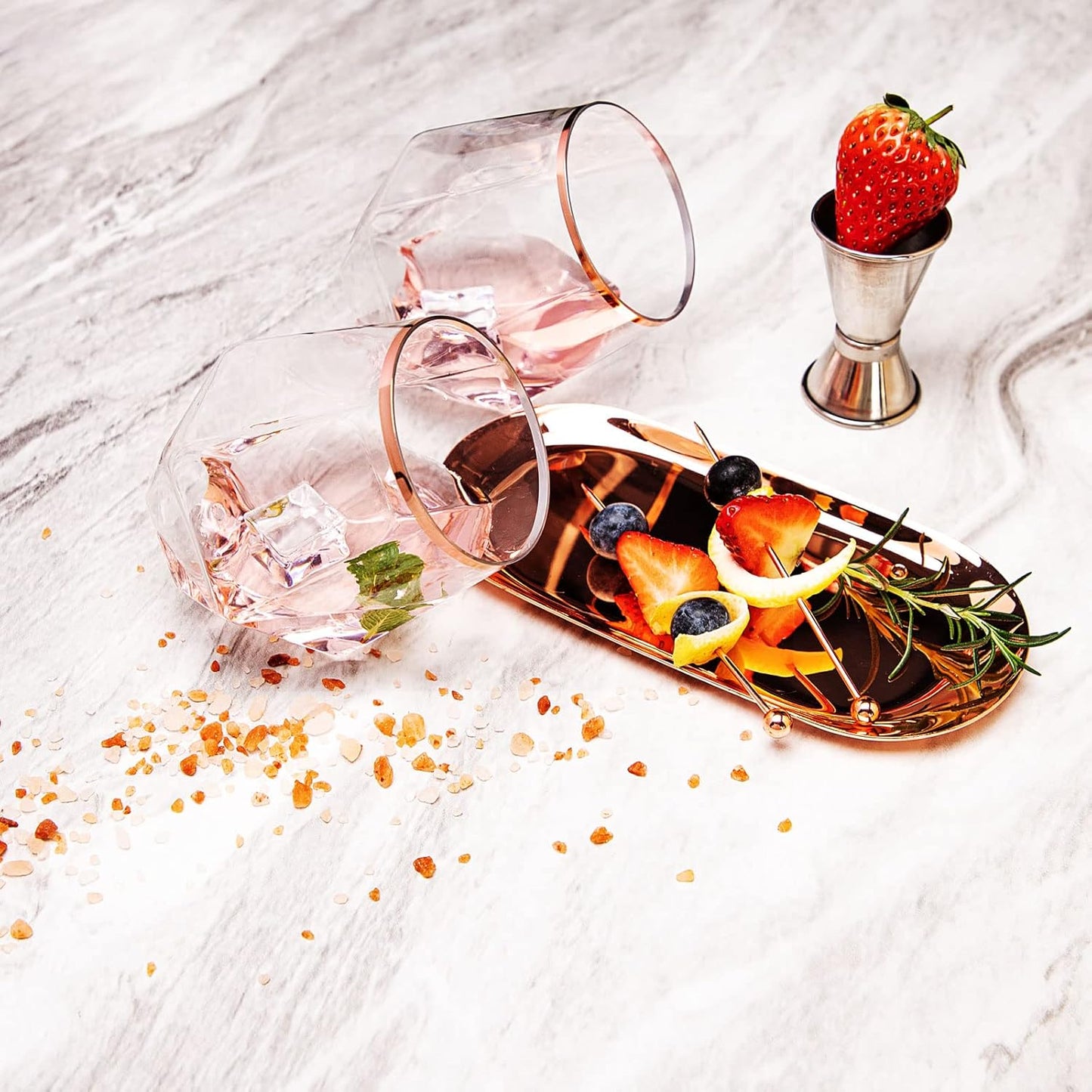 LUODA Rose Gold Diamond Shaped Plastic Stemless Wine Glasses Set of 24, Disposable 12 Oz Rose Gold Plastic Whiskey Glasses for Birthday, Housewarming and Weddings