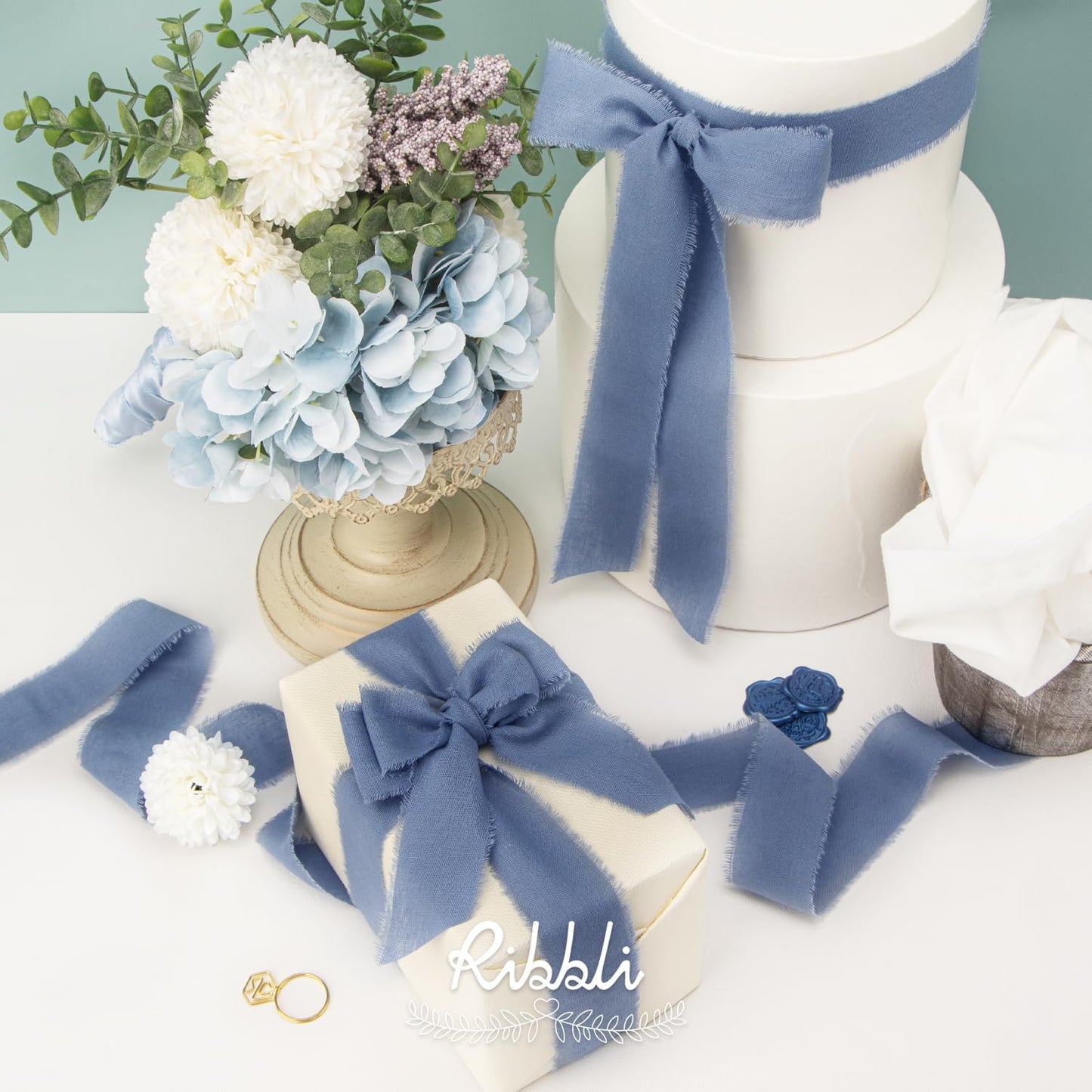 Ribbli 3 Rolls Dusty Blue Ribbon 1.5 Inch x 18Yards Handmade Cotton Frayed Fringe Ribbons for Gift Wrapping Wedding Invites Bridal Bouquets Baby Shower DIY Crafts Home Decor