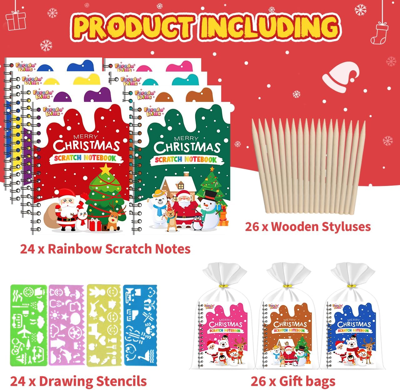 Party Favors for Kids: 24 Pack Christmas Rainbow Scratch Art Notebook Classroom School Supplies Bulk for Girls Boys Goodie Bags Stuffers, Return Gifts for Birthday Party Gift Kid Crafts