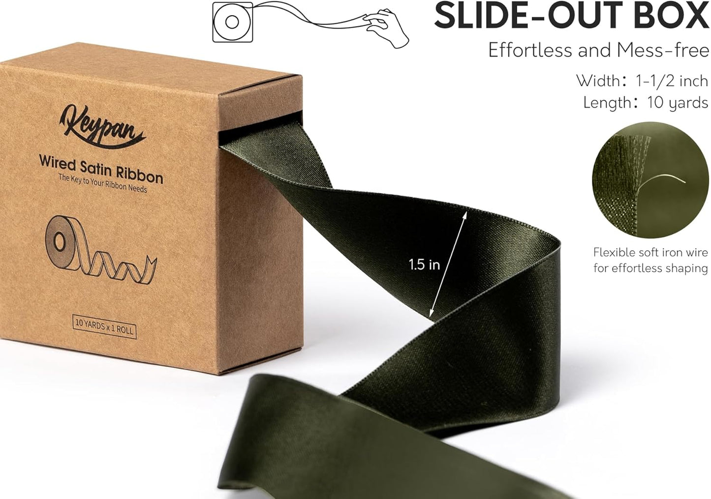 Moss Green Satin Ribbon Double-Faced Wired Ribbons for Gift Wrapping Flower Bouquet Bows Wedding Invitation Christmas Decor Crafts 1-1/2 Inch 10 Yards