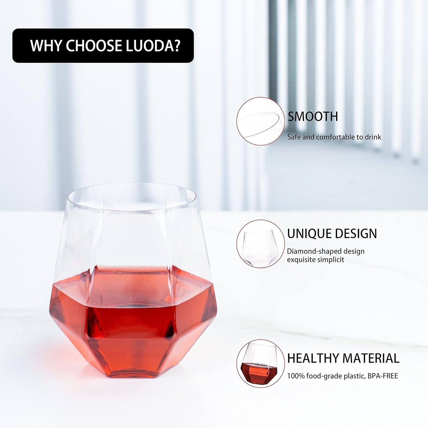 LUODA 32 Pack Clear Plastic Stemless Wine Glasses, 12 Oz Clear Plastic Diamond Glasses, Disposable Whiskey Glasses for Birthday, Housewarming Wine Glasses For White Wine