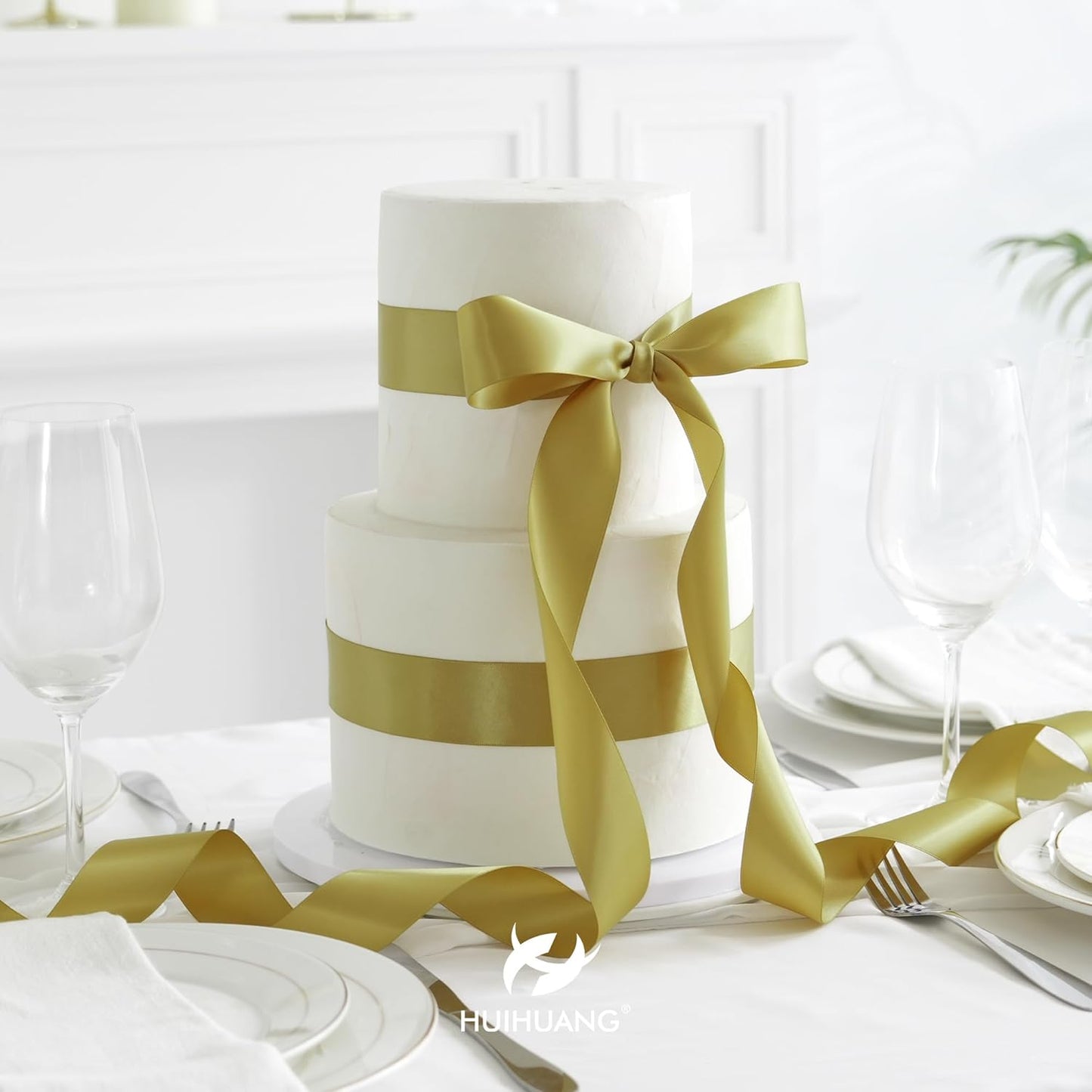 HUIHUANG Gold Satin Ribbon 1-1/2 inch x 50 Yards Dijon Gold Double-Faced Satin Ribbon for Gift Wrapping, Bows, Flower Bouquet, Crafts, Bridal Shower Wedding Decor, Christmas Tree