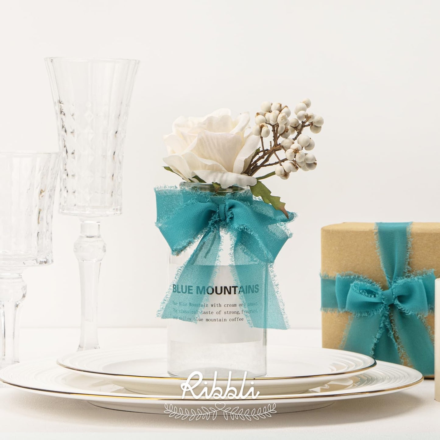 Ribbli Teal Ribbon 1 Inch x 3 Rolls Total 24 Yards Green Handmade Fringe Chiffon Silk Ribbon for Wrapping Wedding Invitations Bridal Bouquets DIY Crafts Home Decor