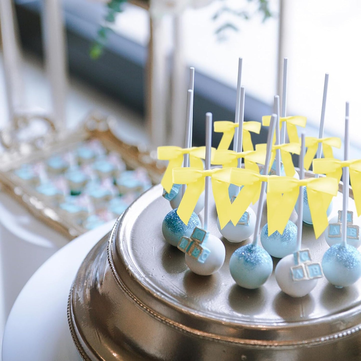 50Pcs Yellow Twist Tie Bows for Gift Wrapping 2.5" Satin Ribbon Bow for Treat Bags Cake Balloons Birthday Party Favors Wedding Decorations