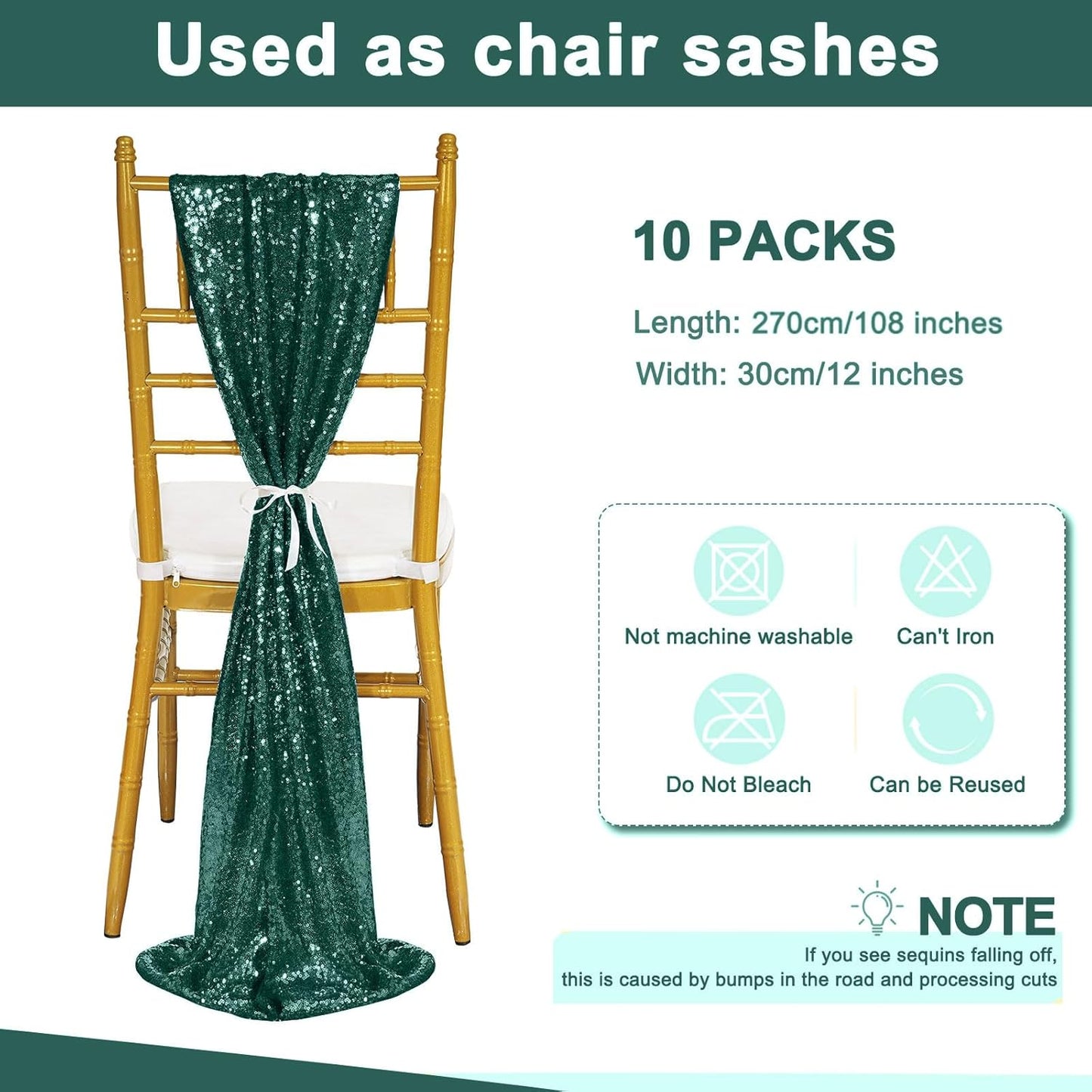 Sequin Table Runners 12 Pieces Emerald Green Table Runners 12x108 Inch Glitter Dining Table Cover for Party Wedding Birthday Reception Banquet Decoration Spring Party Chair Sashes