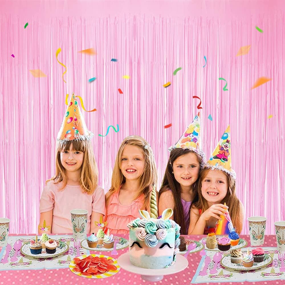 BEISHIDA 2 Pack Pink Tinsel Foil Fringe Curtains Light Macaron Metallic Curtain Photo Backdrop for Wedding Party Birthday Stage Bridal Shower Decor(3.28 ft x 6.56 ft)