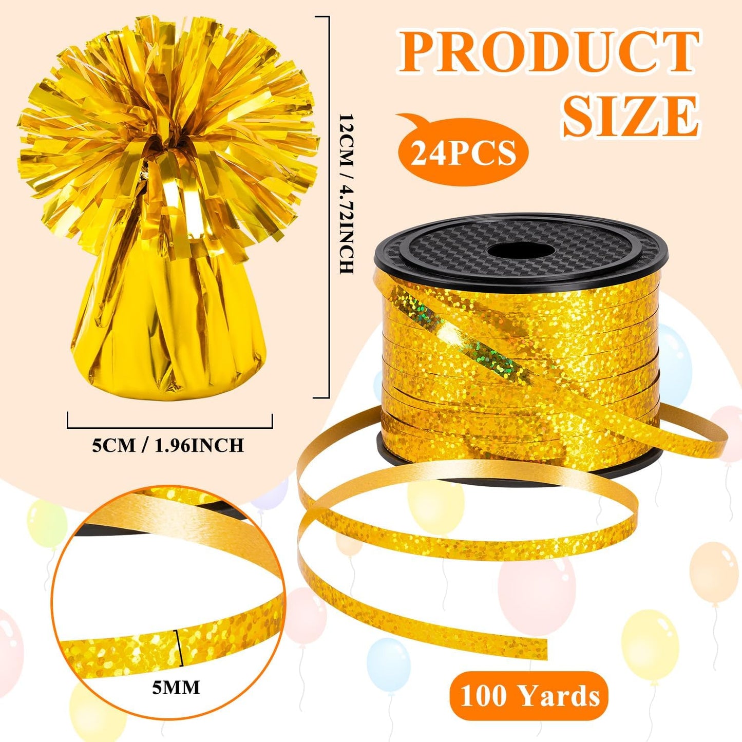 24 PCS Balloon Weights Metallic Anchor, Balloon Holder Heavy Weights with and 1 Roll Iridescent Crimped Ribbon for Balloons Table Party Favor Birthday Decor(Gold)