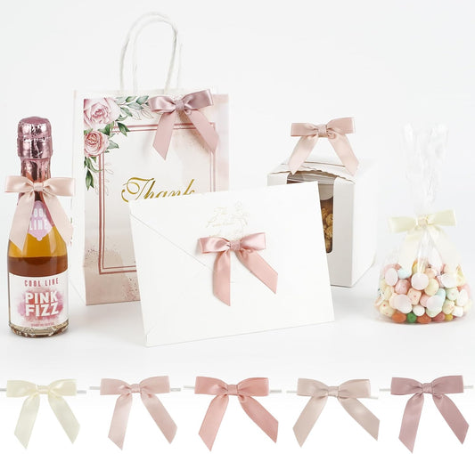 AIMUDI 5 Colors Dusty Rose Bows 2.5" Pink Satin Twist Tie Bows for Gift Wrapping Premade Satin Bows for Making Crafts Treat Bag Baby Shower Birthday Party Wedding Decoration, 50 PCs