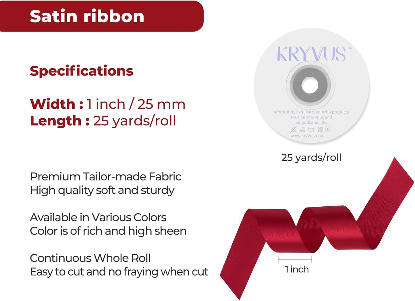 Scarlet Red Satin Ribbon 1 inch X Continuous 25 Yards, Single Face Polyester Ribbon Perfect for Gift Wrapping, Flower Bouquet, Wedding Decor, Crafts, Bow Making, Sewing and More