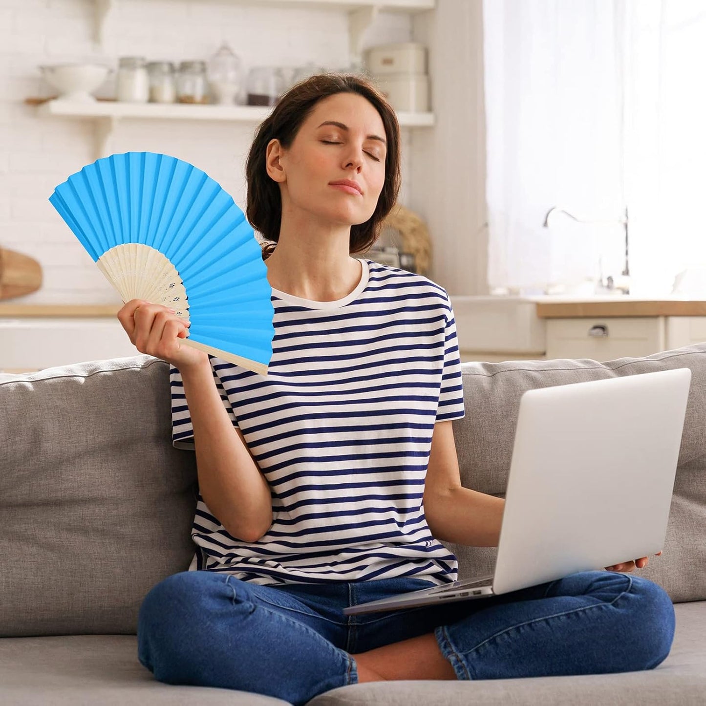 Aneco 24 Pieces Handheld Paper Fans Paper Folding Fans with Bamboos for Wedding Gift, Party, Home, DIY, Multicolor